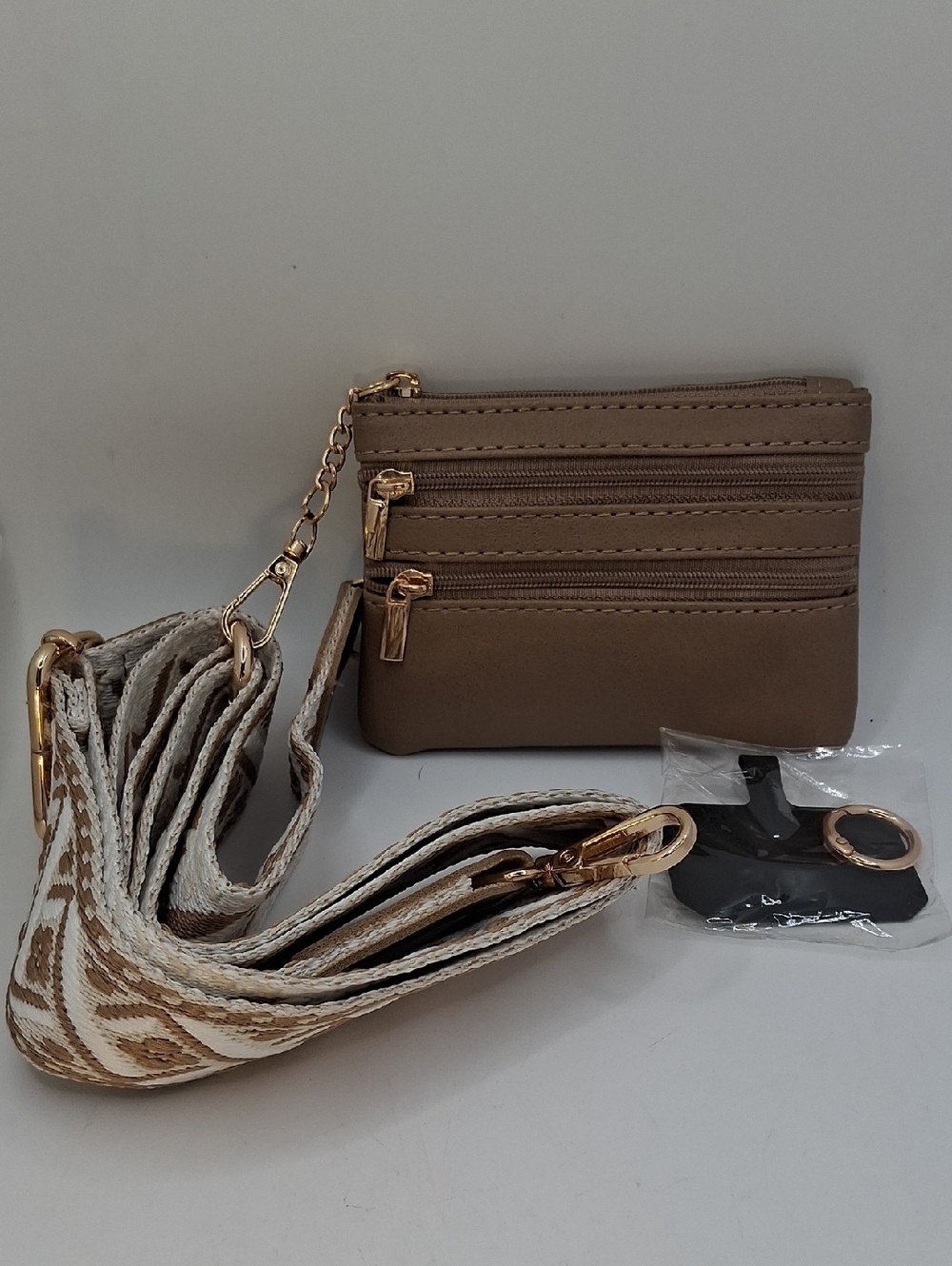 Taupe Multi-Zip Wristlet Clutch with Detachable Patterned Strap